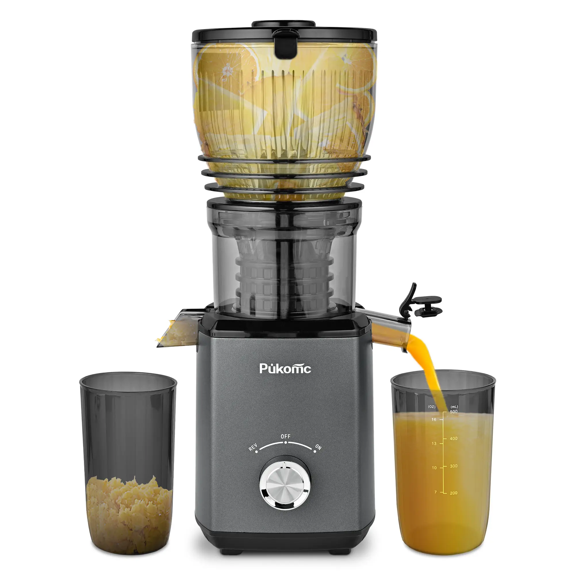 Pukomc 5.8" Wide Chute Cold Press Juicer with Auto Cut Mechanism High Yield Extraction Easy Lock System & 2 Cups for Fresh Whole Fruit Juices