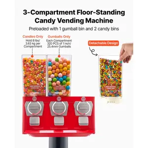 fathersdaygift VEVOR Candy Vending Machine, Triple Compartment Candy Vending Machine with Stand, Gumball Candies Vendings Machines with Built-In Cash Box, Detachable, Vintage Candies Dispenser for Shops, Arcades