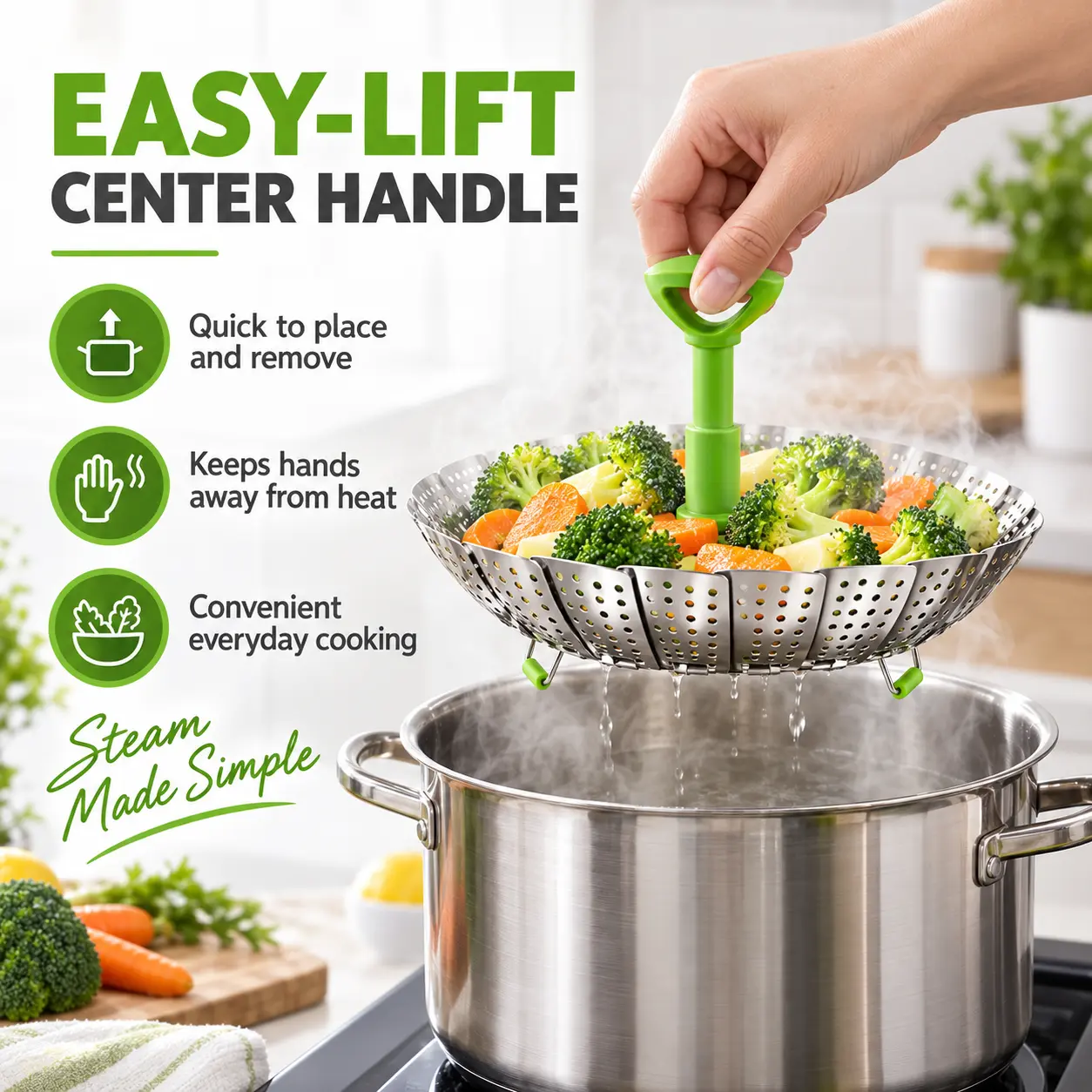 Collapsible Stainless Steel Vegetable Steamer Basket, Easy Lift Central Handle Design, Expandable Steam Rack Insert, Heat Resistant, Dishwasher Safe, Multi-purpose Kitchen Tool for Steaming Veggies.