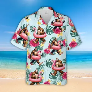 Tropical Flamingo Float Full-Print Hawaiian Shirt For Men Women, Pool Party Sasquatch Graphic Button Up Style Top, Summer Hawaiian Shirts Casual Wear, Perfect Holiday Outfit For Flamingo Lover With Relaxed Summer Vibe # TikTokMadeMeBuyIt # SummerVibe # Fl