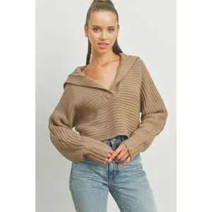 Taupe DRAMA COLLAR V NECK SWEATER