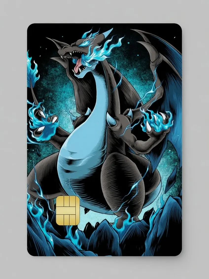 Poketmon Mega Charizard X Blue Flame Dragon Credit Card Skin Matte Waterproof Sticker Decal Cover for Debit and Credit Cards