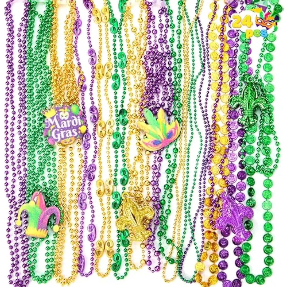 24 Pcs Mardi Gras Bead Necklaces with Pendant, Assorted Colorful Bead Necklace Bulk for Mardi Gras Party Outfit Accessories, Gold Green Purple Necklaces for women&men Costumes Accessory Favors