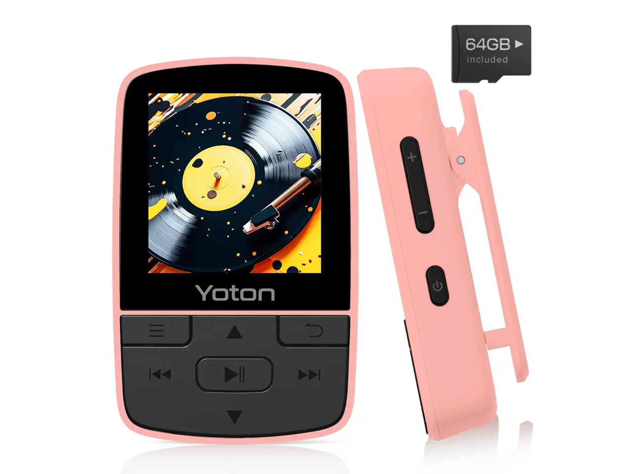 YOTON MP3 Player with Bluetooth 5.2, 64GB Storage Included, Mini Size, HiFi Music, with Sports Clip, Independent Volume Control, FM Radio, Includes Headphones, Pink