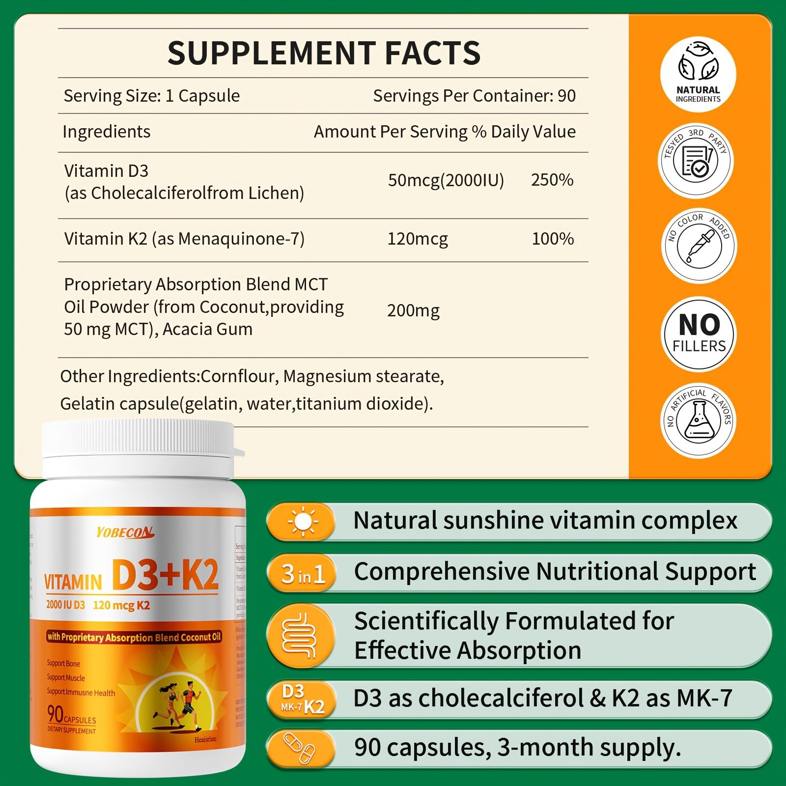 Vitamin D3K2 Supplement, 90-day supply, 2000 IU D3, 120mcg K2 (including MK7), supports bone and dental health, dual nutritional support, daily care, easy to swallow - 90 capsules
