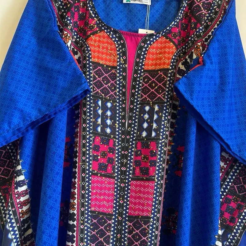 Plus Size Kaftan Dress for Women - Casual Women's Wear, Design for Home & Beach Vacation, Summer Wear, Blue and Orange Patterned Fabric