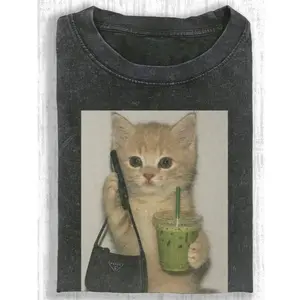 Vintage Cat Graphic Tee: Washed Cotton Unisex T-Shirt with Fashionable Cat & Beverage Wax Print, Retro Style Casual Top for Daily Wear, Great Holiday Gift Idea