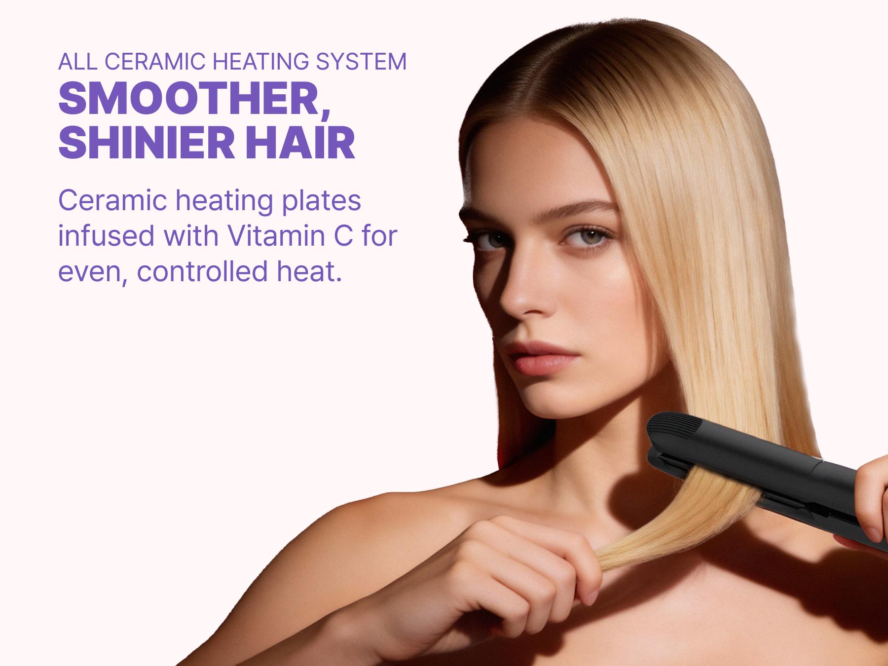 GLAMPALM GlamMuse 1" Hair Straightener - All-Ceramic Flat Iron Infused with Vita-C, Salon Results with Less Heat Damage, Trusted by K-Pop Hair Stylists, Dual Voltage Hair Straightener, Silk Press (GP201T Purple)