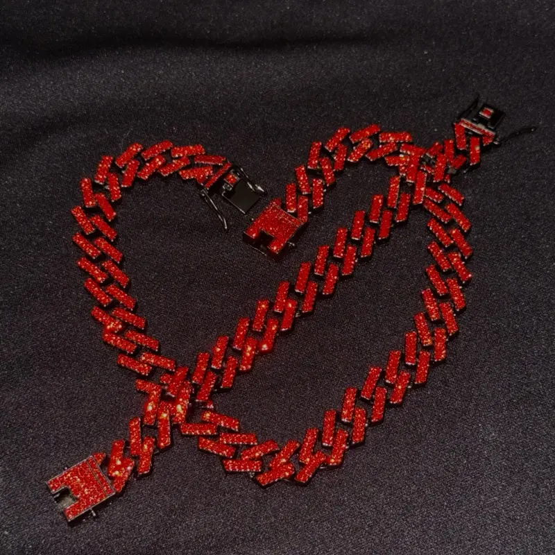 Wine red Iced out Cuban link chain/bracelet set