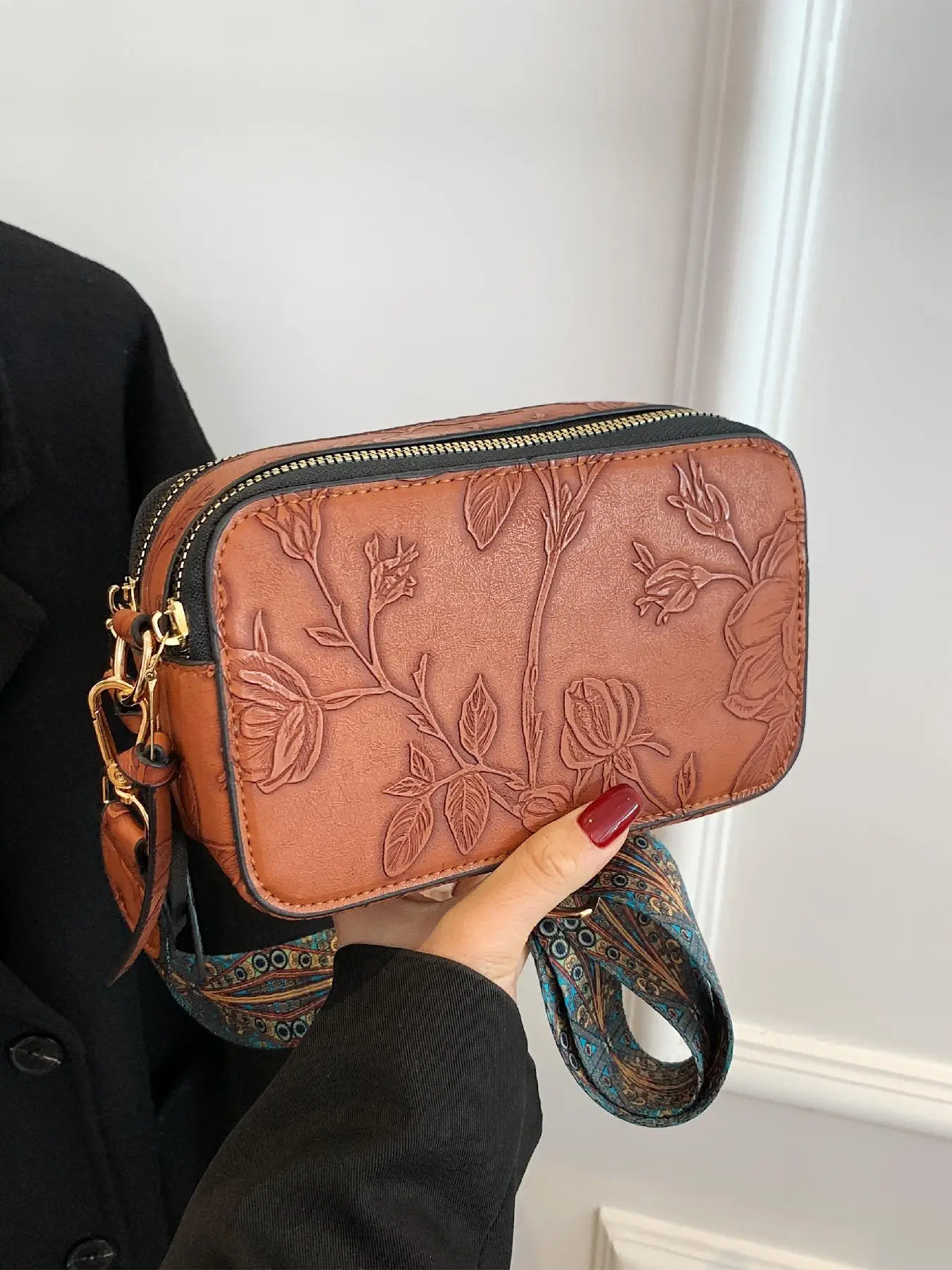 Women's Floral/Skull Pattern Square Embossed Crossbody Bag, Boho Style Zipper Shoulder Bag for Daily Used, Trendy All-match Bag