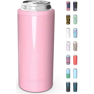 Skinny Can Cooler for Slim Beer & Hard Seltzer, Stainless Steel, Doucle-Walled Stainless Steel Insulated Slim Cans, Standard 12 oz (Glitter Blush)