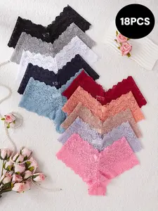 Women's 18-Pcs Multicolor Contrast Panties Set - Feminine Sexy Basic Underwear with Lace Trim, Scalloped Edge, Soft Breathable Fabric, Stretchy No-Show Cotton Crotch for Everyday Casual Intimate Wear