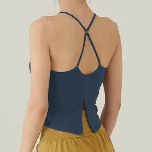 New Women's Yoga Tank Top - High-Elastic, Quick-Drying, Built-in Bra Pads, and Stylish Split-Hem Back Design - Sports, Fitness, and Training Camisole