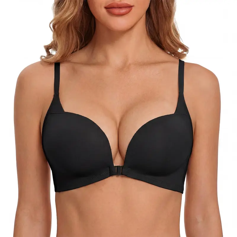 LUCKMEEY Women's Front Closure Push-Up Bra for Small-Breasted Women, Deep V Wireless Padded Bra with Jelly Side Support, Seamless Everyday Bra