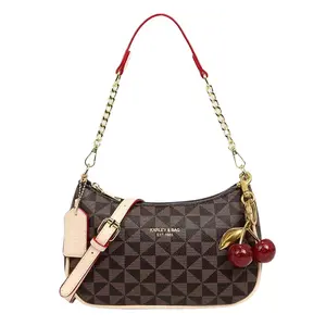 New Fashion Classic Versatile Letter Graphic Design PU Leather Crescent Shoulder Underarm Bag with Cherry pendant, Crossbody Purse Clutch, Suitable for Shopping, Business, Daily Use