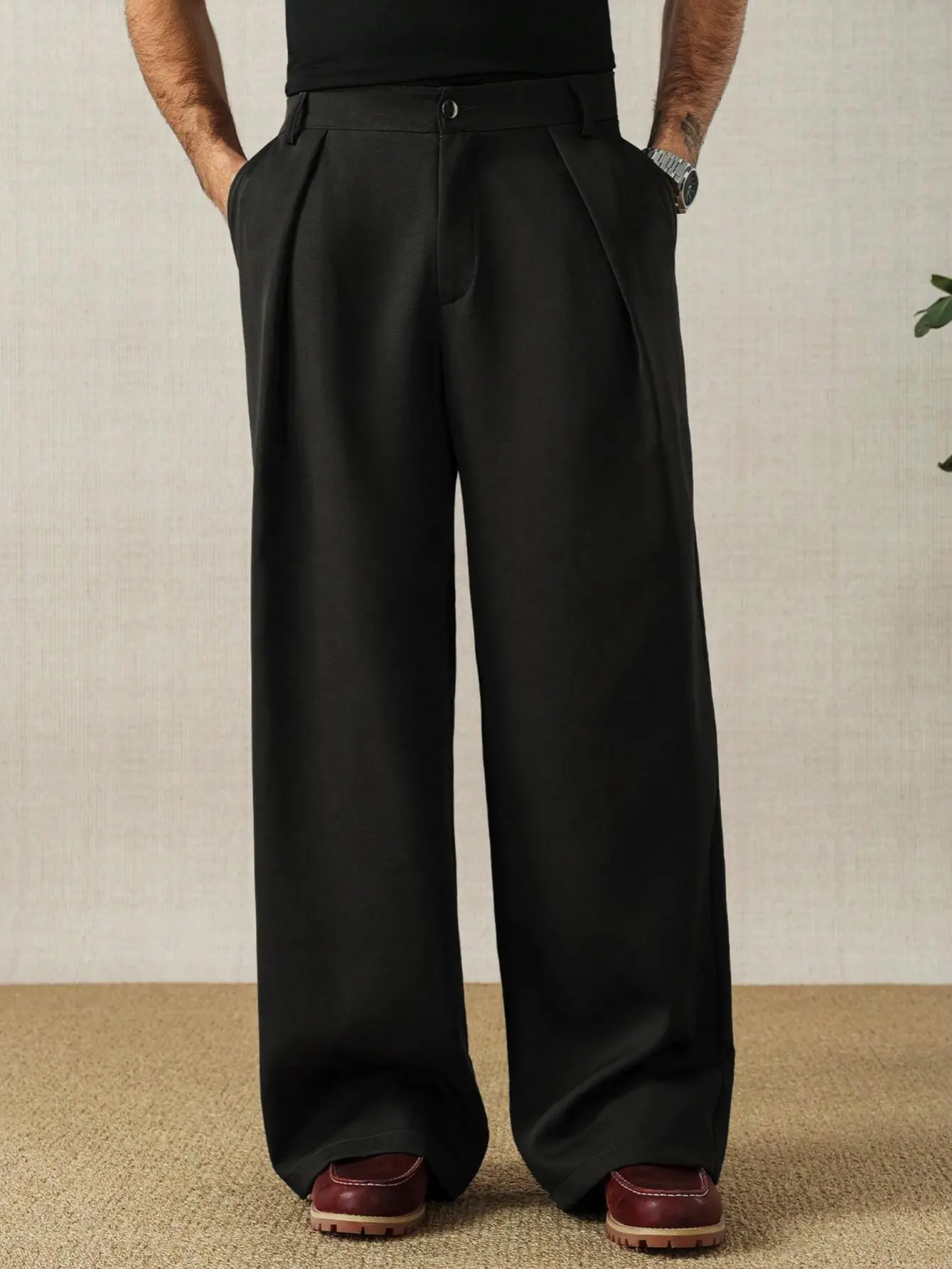Menswear Straight Leg Pants, High-Waisted Casual Trousers in Soft Drapey Fabric with Pockets for Office & Streetwear, All-Season Men's Pants
