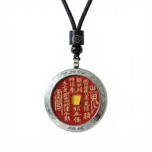 Taoist-Inspired Pendant Necklace - Handcrafted Alloy Frame Copper Coin Cultural Ornament with Adjustable Cord - Traditional Chinese Design - Multi-Purpose Decorative Charm for Car Home Office - Perfect Gift