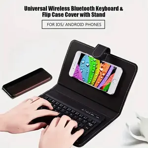 Compact Wireless Bluetooth Keyboard & Flip Case Cover with Stand for iOS Android Phones Black Faux Leather