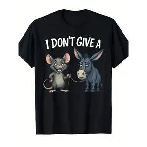 Funny Don't Give a Rat or Donkey Slogan T-Shirt - Sarcastic Mouse Donkey Print, Black Casual Round Neck Short Sleeve Tee for Office Humor