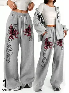 Women's Gothic cool graphic print Pants, elastic waist drawstring, loose fit, sporty street style, Y2K style, comfortable and casual everyday wear, Casual Comfy Pants