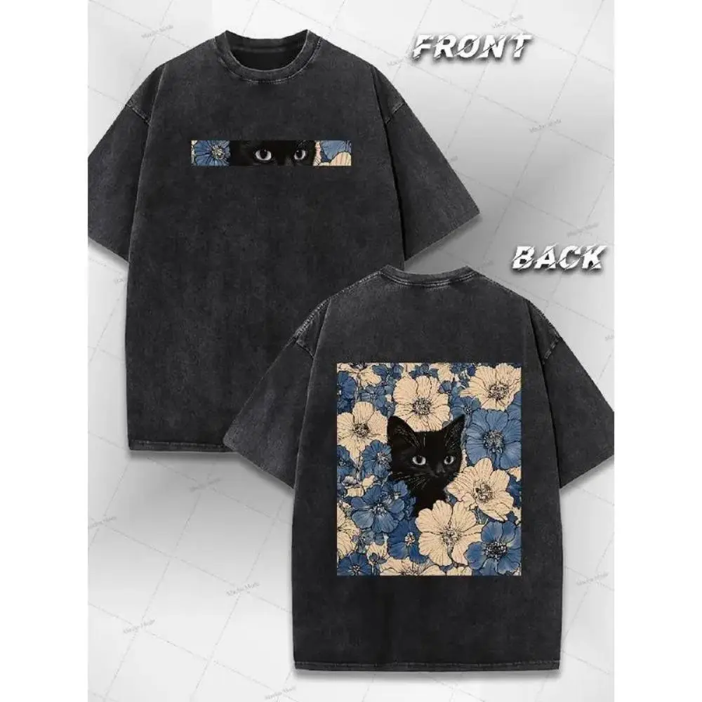 Vtage Washed Black Cat Floral Prt T-Shirt - Y2K Style, Casual Streetwear for Men & Women, Short Sleeve, Round Neck, All-Season Comfort, Digital Heat Transfer Design, Comfortable Clothg | Y2K Fashion | Durable Casualwear