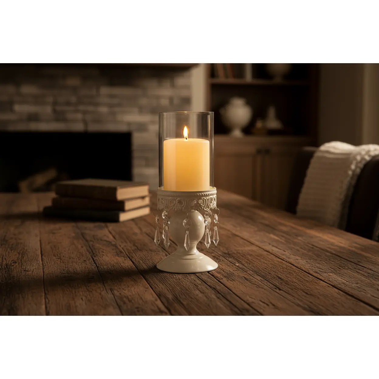 Victorian Hurricane Lantern Glass-Iron Candle Holder - Home Supply for Home Decor Lovers, Removable Panel, Lacy Base, 4"w x 4"d x 10.25"h, LED Lights Compatible, Dazzling Crystals, No-Assembly Tabletop Light Centerpiece, Home Supplies