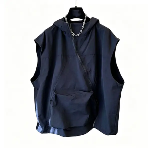 Unisex Loose Casual Asymmetric Diagonal Zipper Big Pocket Hooded Cargo Ves, Men's Summer Casual T-Shirt, Sleeveless Solid Color Top Menswear Vest