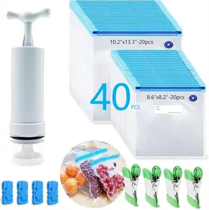 40 pcs reusable vacuum food preservation bag set, including manual vacuum pump and clip, sealed and leak proof, suitable for meat, vegetables, meal preparation, refrigerator storage