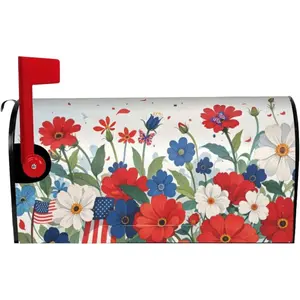Floral Independence Day Mailbox Cover July 4th American Patriotic Red Blue Outdoor Magnetic 25.1" X 21" Post Box for Garden Yard Decor