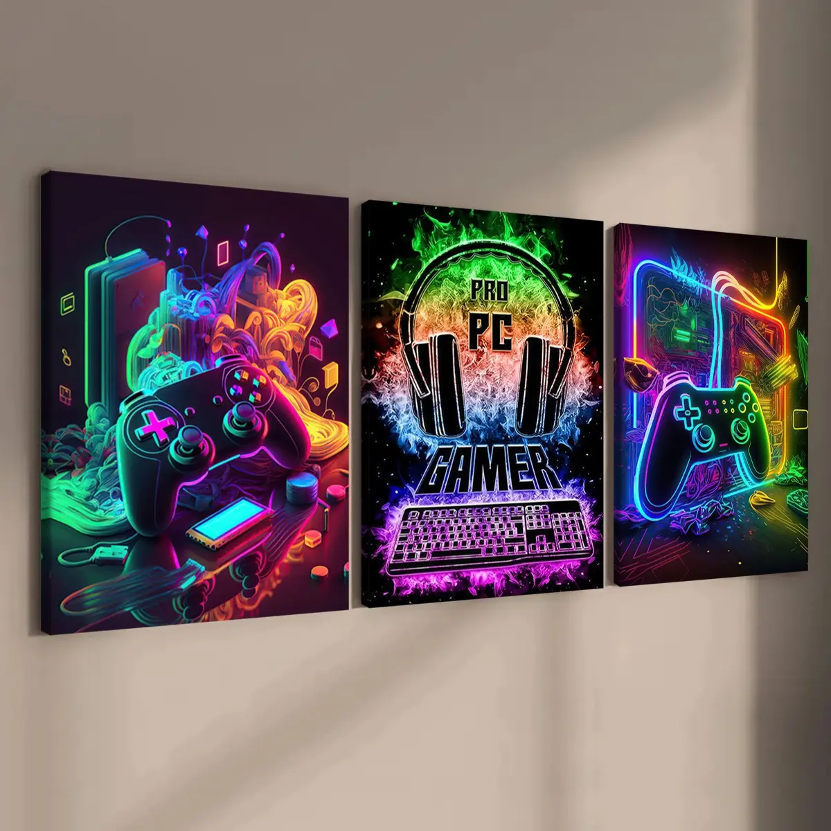 3 count wooden frame canvas, neon game console poster, e-sports room, bedroom, living room and corridor wall decoration, Wall picture decor, HD, waterproof, Modern Cool Design, Art