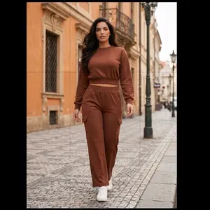 Salvy Women's Lady 2-Piece Basic Minimalist Long Sleeve Gray & Espresso Sweatshirt & Sweatpants Suits - Soft, Cozy Fresh Fabric Lounge Wear Top & Pants Set