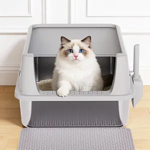Cat Litter Box Stainless Steel 22L S Large Metal High Sided Design Anti Urine Leakage Includes Cat Mat & Litter Scoop Non Sticky Easy Cleaning