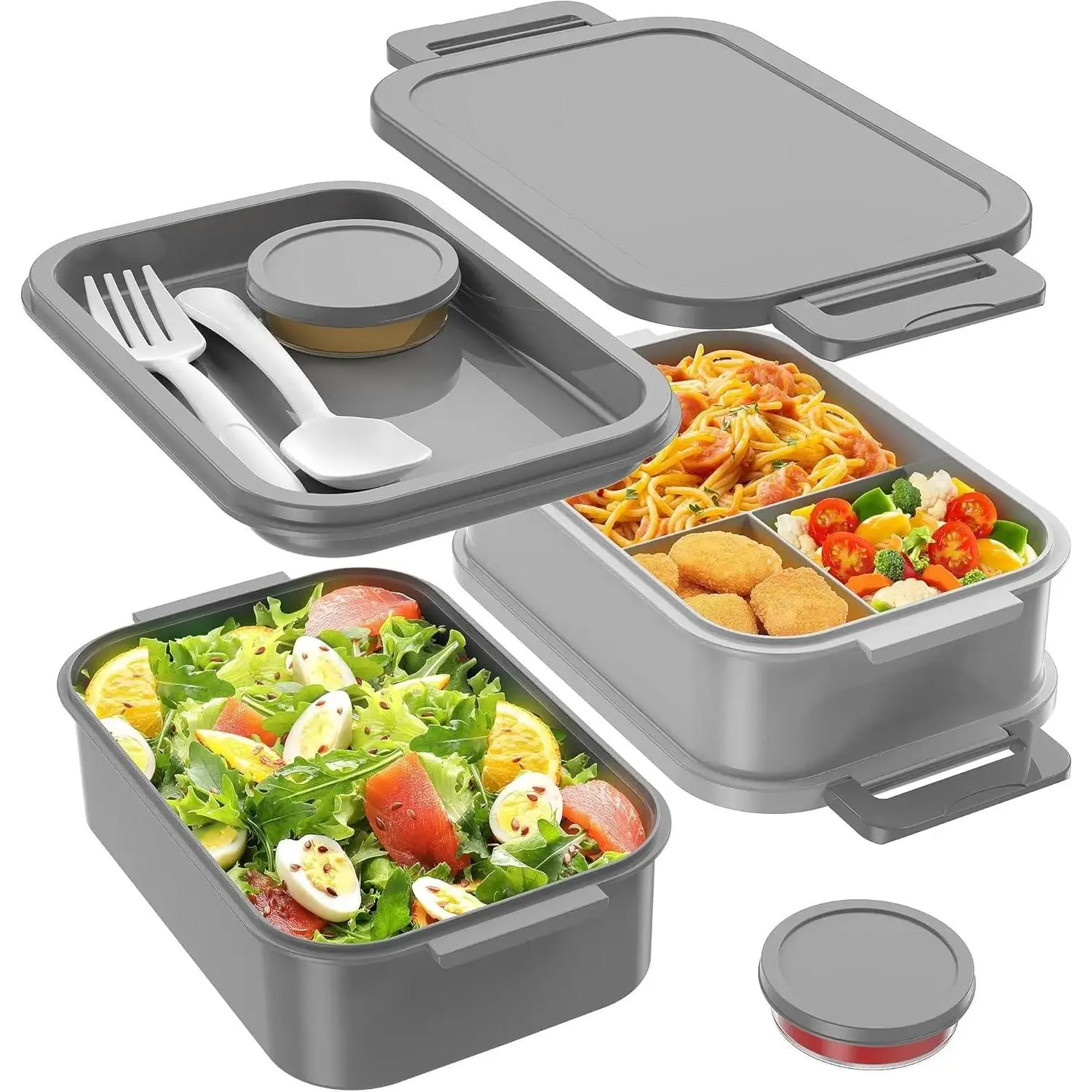 3-Layer Stackable Bento Lunch Box - 72oz (Above 2000ml) Leak-Proof, Simplicity Design, Microwave Safe with Sauce Containers for Family Adult Work Use, Grey Home & Party Supply Tableware
