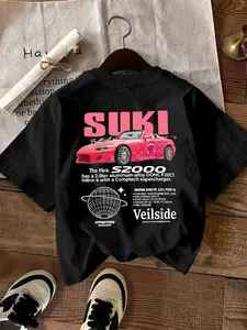 Women's Suki Car Print Round Neck Tee, Fashion Casual Short Sleeve T-shirt, Ladies Summer Clothes for Daily Wear, Top