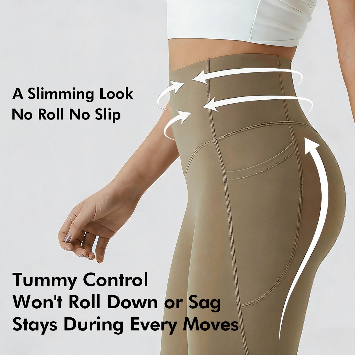 High-waisted yoga pants with peach butt effect and pockets, tummy control and butt lift, 7/8 length fitness leggings for women