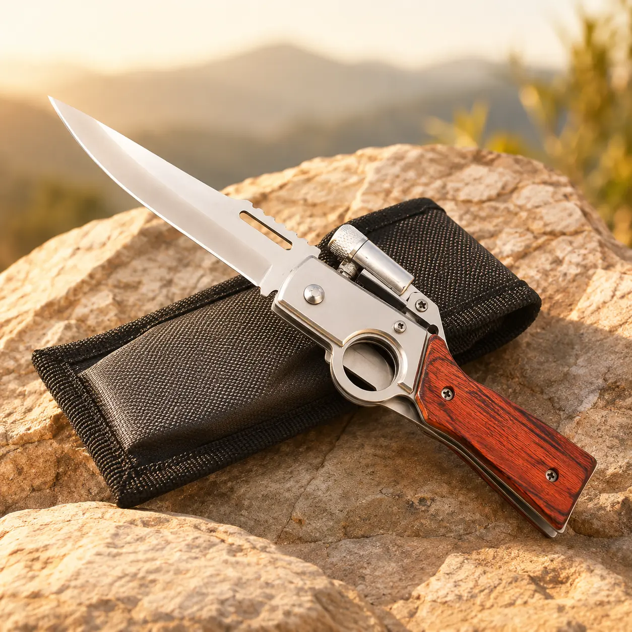 EDC Folding Knife with LED Flashlight, Pocket Utility Knife with Wood Handle, Stainless Steel Blade, Belt Clip and Nylon Pouch for Hiking Camping Everyday Carry
