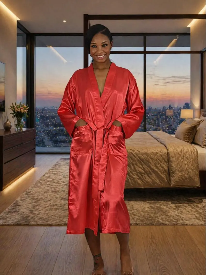 Up2date Fashion Lady's Long Sleeve Satin Loungewear Nightwear Gown (Style-Gwn14) - Black, Sizes S-XL, Machine Washable, Removable Belt, Front Pockets, Gowns, Adjustable Lightweight Womenswear Elegant Robe, Loose