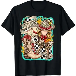 Vintage Western Tees Retro Lucky 8 Turquoise Tshirt Country Spades Checkered T-Shirts Casual Womenwears Crewneck Heat Transfer Print