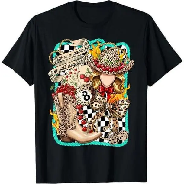 Vintage Western Tees Retro Lucky 8 Turquoise Tshirt Country Spades Checkered T-Shirts Casual Womenwears Crewneck Heat Transfer Print