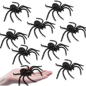 Plastic Spiders Halloween Decorations, Halloween Spider, Fake Spiders, 8PCS Black Large Spider Web Decoration, Realistic Fun Toys Prank Props Scare Practical Surprise Joke Party Decor, 3.9 x 3.7 Inch