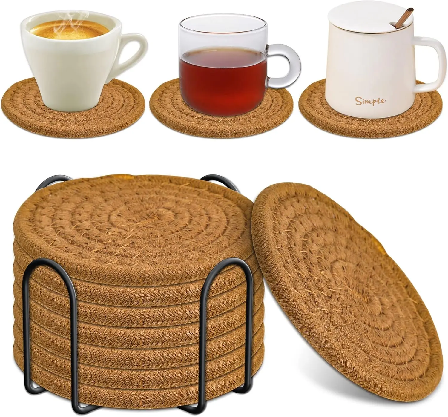 8 Pcs Drink Coasters with Holder, Absorbent Coasters for Drinks, Minimalist Cotton Woven Coaster Set for Home Decor Tabletop Protection Suitable for Kinds of Cups, 4.3 Inches.