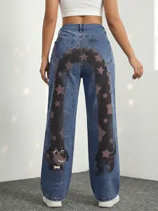 Jeanius Women's High Waist Wide Leg Denim Jeans, Medium Stretch Medium Wash, Cute Dachshund Star Back Print, Casual Daily Semi Baggy Jeans