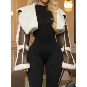 Women's Fall Fashion PU Leather Patchwork Fur Collar Short Jacket, Street Style Zipper Design, Casual Outerwear for Ladies