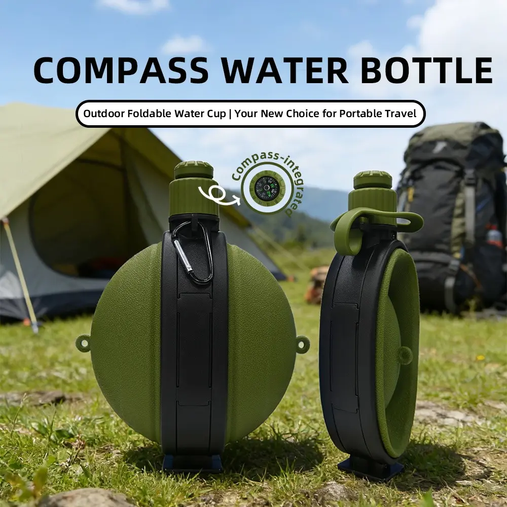 Outdoor Folding Water Bottle with Compass, Foldable Water Bottle, Portable Camping Hiking Cup, Temperature Resistant, Hangable Design, Ideal for Adventures, Collapsible Water Bottle, Travel Water Bottle