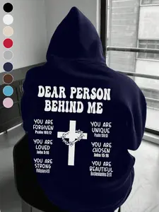 Faith-Inspired Fitted Hoodie, Casual Hooded Sweatshirt | "Dear Person Behind Me" Slogan & Graphic Cross Print Pullover | Comfy Streetwear, Casual Pullover Sweatshirts – Perfect for Church Gatherings / Casual Hangouts
