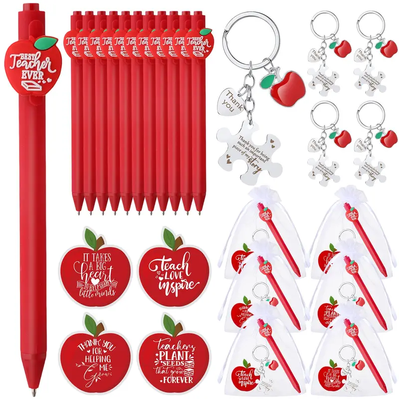 12/24 Sets Thanksgiving Teacher Appreciation Gifts Bulk, Including Apple Teacher Ballpoint Pens Puzzle Keychain Card Drawstring Bag, Friendsgiving Christmas Gifts Teacher Gifts Apple Themed Gifts for Staff Office Supplies Women Man Coworker Admin