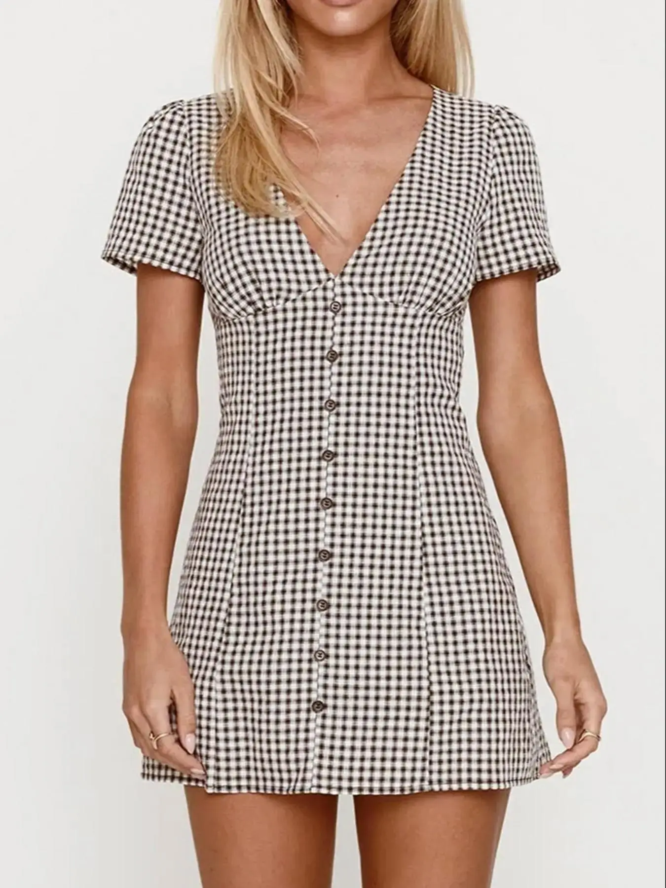 Women's Gingham V Neck Short Sleeve Mini Dress, Button Detail Casual Style for Summer Daily Outdoor Wear, Feminine Charm, Flirty Hem, Chic Appeal, Graceful Movement, versatile piece