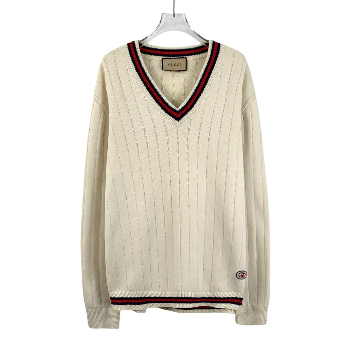 RDLT— Gucci Off-White Striped Cotton V-Neck Knit Sweater Size XXL