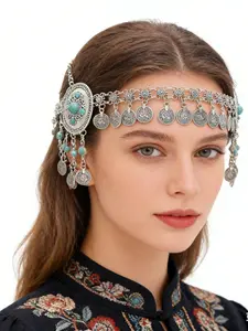 Boho Style Turquoise Long Tassel Coin Headpiece, Elegant Hair Accessory & Dance Wear, Perfect for Women & Dancing Girls