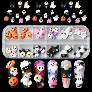 30Pcs/Box Nail Charms Cute Ghost Pumpkin Mini Halloween Resin Nail Rhinestones Design Funny Halloween Ghost Pumpkin Cat Nail Gems For Acrylic Nail Cute Ghost Nail Jewelry Nail Accessories